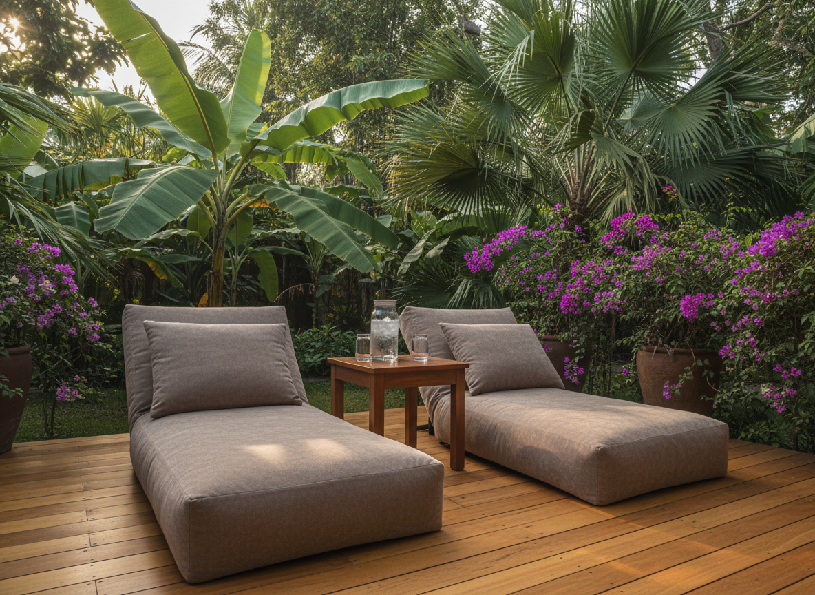 A secluded private bungalow terrace at TANGIVA Tropical Bungalow Phu Quoc, furnished with a pair of low, cushioned lounge chairs in soft taupe fabric and a small solid-wood side table holding a carafe of chilled water and two glasses. The terrace floor is smooth, honey-toned wood, framed by dense tropical greenery: banana leaves, palms, and vibrant bougainvillea in large clay pots. Late-afternoon sun filters through the foliage, casting intricate shadows across the deck and highlighting the rich textures of wood and fabric. Photographic realism, captured from a seated eye-level perspective, with the chairs in the foreground and the lush garden softly fading into the background. The mood is private, tranquil, and elegantly close to nature.