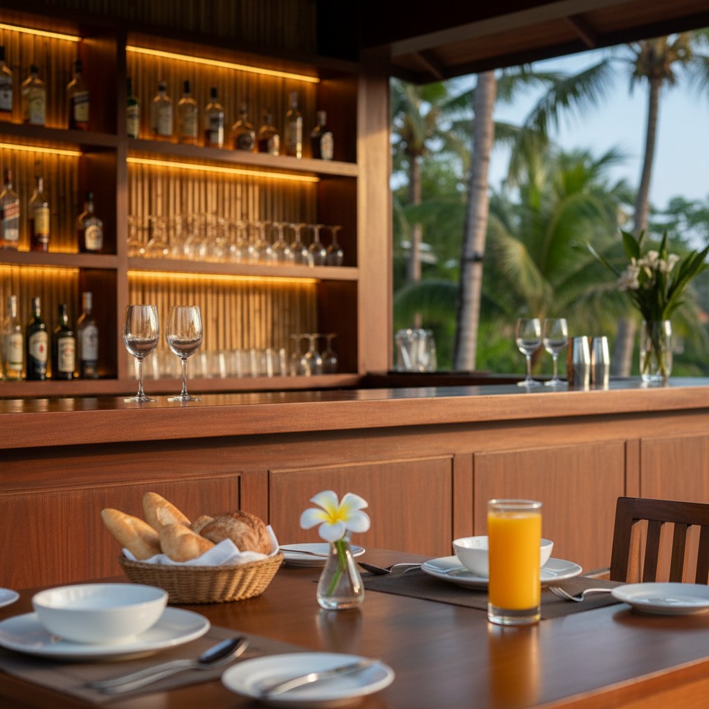 A refined open-air bar and breakfast area at TANGIVA Tropical Bungalow Phu Quoc, featuring a sleek, polished wooden bar counter with a smooth, dark finish and subtle grain. Behind it, neatly arranged glassware and bottles are softly illuminated by warm, recessed lighting under bamboo-clad shelves. In the foreground, a simple yet elegant breakfast setting on a wooden table: pristine white plates, a glass of freshly squeezed tropical juice, a basket with crusty bread, and a small vase with a single frangipani bloom. Gentle morning light filters in from the sides, mixing with the warm interior glow. Photographic realism, shallow depth of field focusing on the breakfast setting, with the bar softly blurred, creating an intimate, sophisticated, and welcoming resort ambiance.